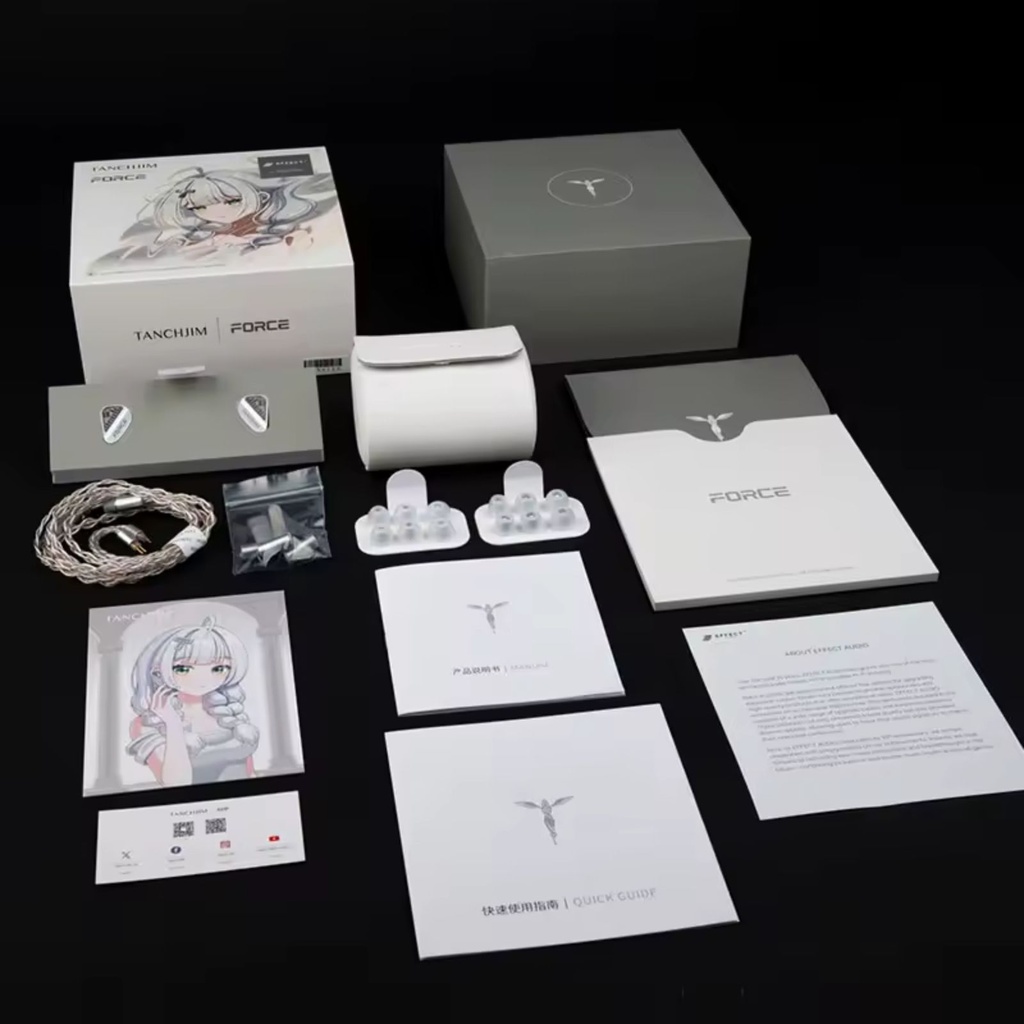 TANCHJIM x Effect Audio FORCE — IEM dual Dynamic Driver (10 mm + 8,2 mm) · tecnología DMT4 Ultra · crossover HPFD-SEF de segmentación precisa · 0,78 mm 2-pin (compatible 4-pin) · cable Effect Audio UP-OCC plateado con plugs 3,5 mm / 4,4 mm / USB-C (DSP).