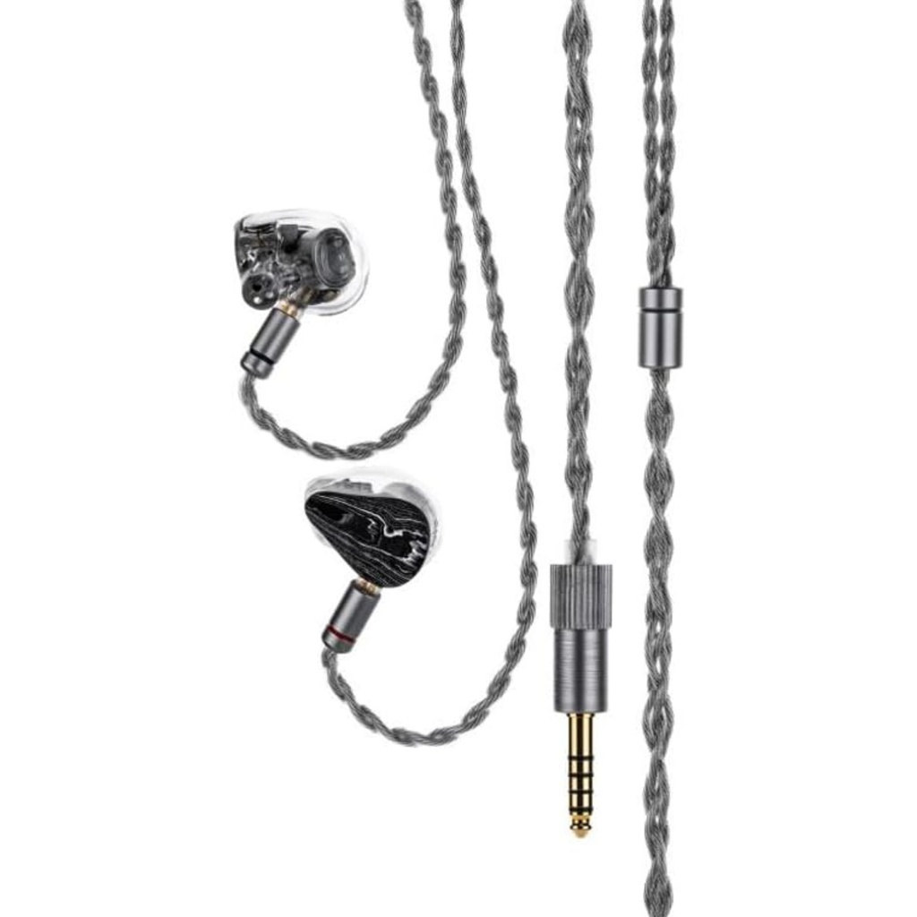 MOONDROP DARK SABER — IEM híbrido 2 Dynamic (10 mm + 10 mm, módulo “Horizontally-Opposed”) + 8 Balanced Armature (4 BA medios + 4 BA Knowles SWFK agudos) · alineación de fase full-band · conector 0,78 mm 2-pin · plug 3,5 mm SE.