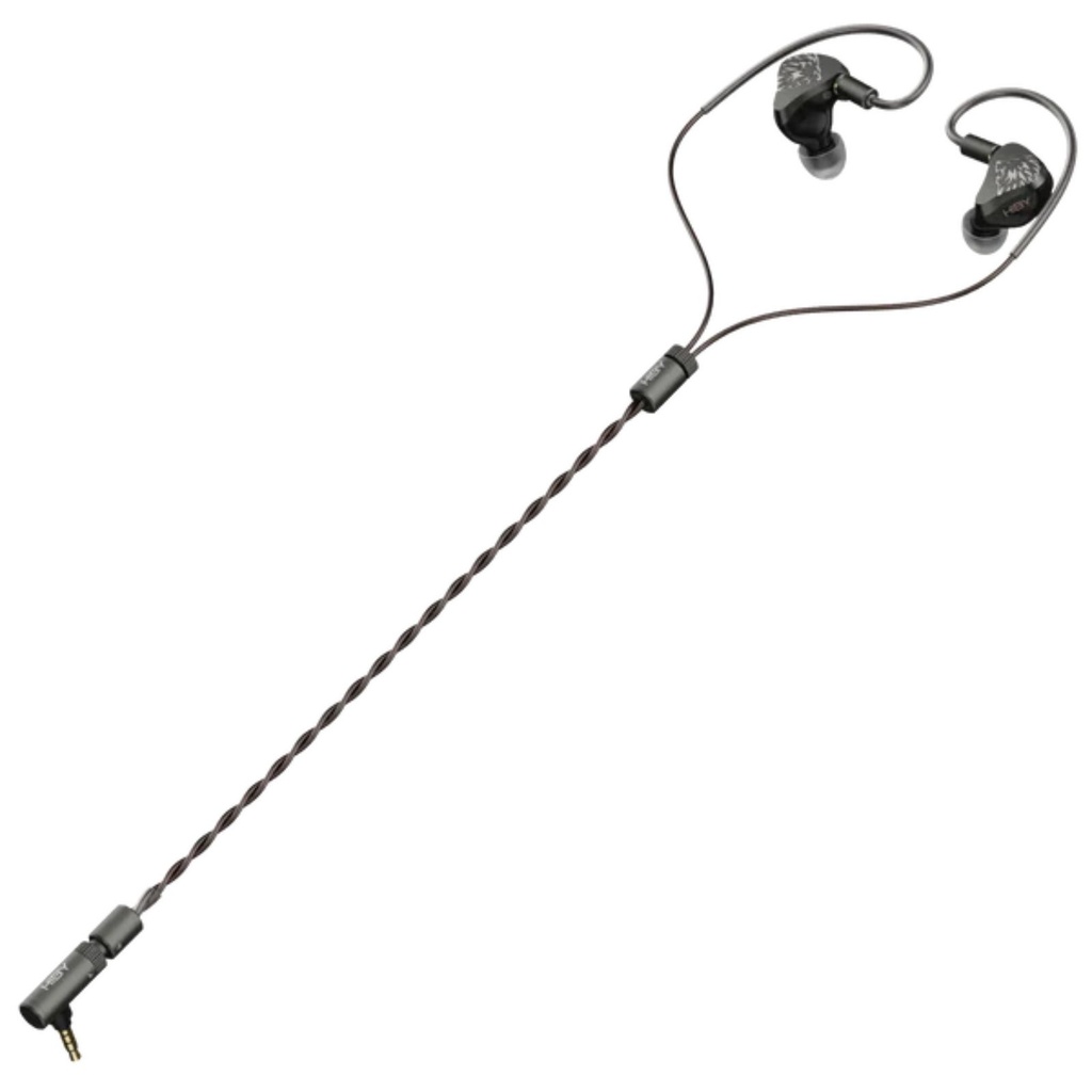 HiBy Yvain — IEM Quad-BA (4 Balanced Armature por lado) · crossover electrónico de 3 vías · cámara acústica independiente 3-canales · 0,78 mm 2-pin · cable OCC Litz con plugs intercambiables.