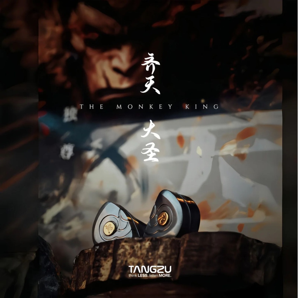 TANGZU THE KING WUKONG — IEM trihíbrido 1 Dynamic + 6 Balanced Armature (Knowles) + 4 EST (Shengyang) · cavidad titanio grado 4 CNC con conductos y resonadores internos · 0,78 mm 2-pin · plug 4,4 mm balanceado · cable Furukawa 148 hilos (plata/cobre + chapados preciosos).