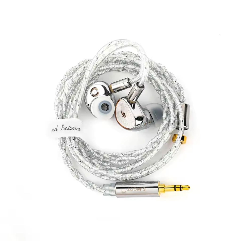 SIMGOT EA1000 “Fermat” — IEM single Dynamic 10 mm + Passive Radiator (1DD + 1PR) · SDPGD™ diaphragm + DMDC™ (Dual-Magnet Dual-Cavity) · boquillas intercambiables (latón + acero) · 0,78 mm 2-pin · cable Litz OFC plateado 3,5 mm.
