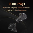 TRN BAX Pro — IEM híbrido 1 Dynamic (10 mm, 4ª gen, diafragma berilio) + 2 Balanced Armature (Knowles) + 2 EST (Sonion) · 3 micro-switches con 6 modos de afinación · carcasa aluminio-magnesio CNC · 0,78 mm 2-pin · cable 8 hebras OCC con plugs 3,5 / 2,5 / 4,4 mm.