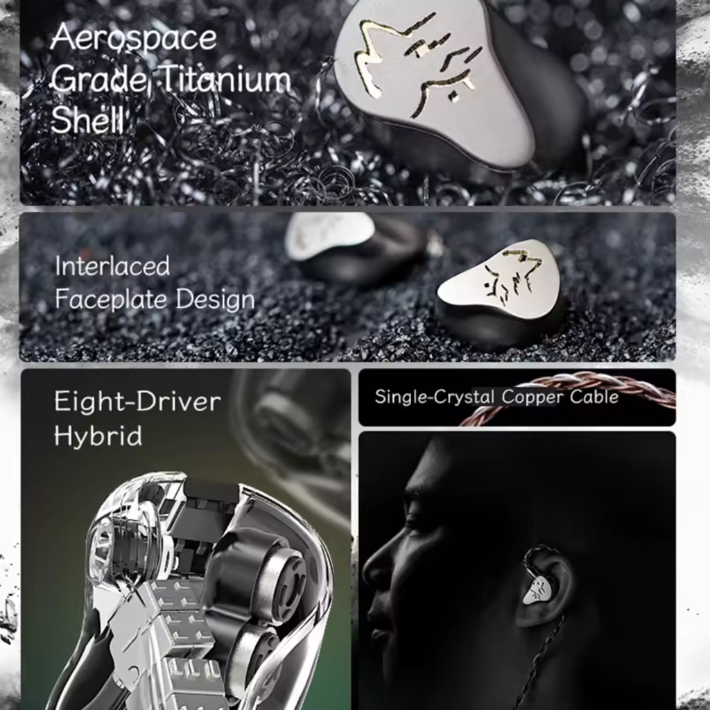 SHANLING ME900 — IEM híbrido 2 Dynamic (6 mm, Crystal-Plated Bio-diaphragm) + 6 Balanced Armature · doble switch (ajuste de graves y agudos) · cuerpo de titanio · MMCX · cable Furukawa 8 hebras con plugs 3,5 / 2,5 / 4,4 mm.