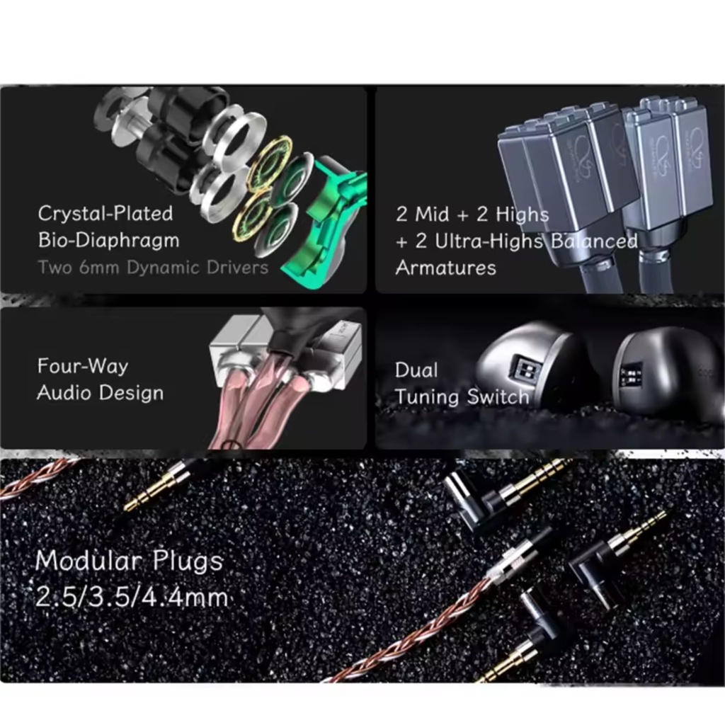 SHANLING ME900 — IEM híbrido 2 Dynamic (6 mm, Crystal-Plated Bio-diaphragm) + 6 Balanced Armature · doble switch (ajuste de graves y agudos) · cuerpo de titanio · MMCX · cable Furukawa 8 hebras con plugs 3,5 / 2,5 / 4,4 mm.