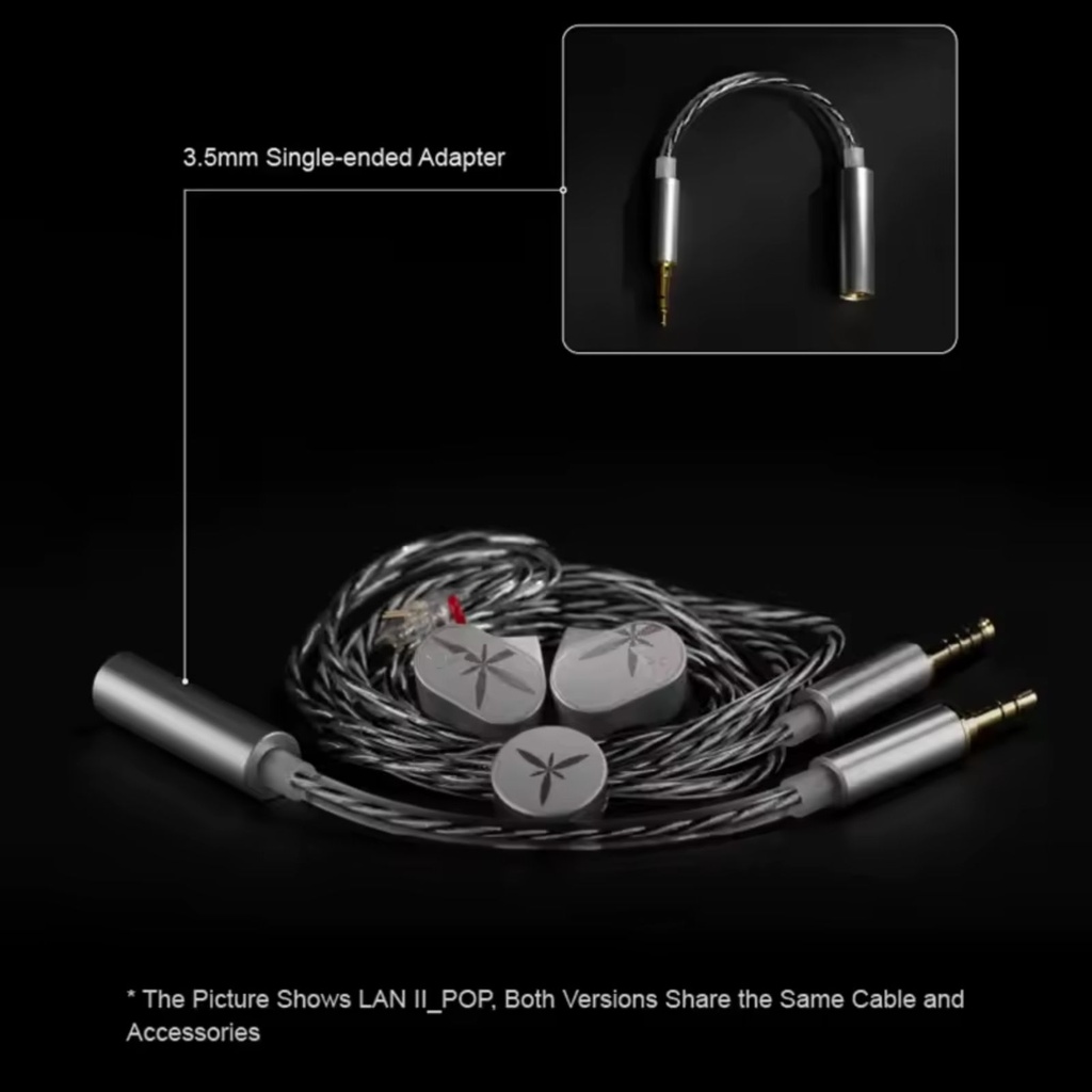 MOONDROP LAN II — IEM dinámico 10 mm, doble cavidad · acero inoxidable MIM · cable 0,78 mm 2-pin · terminación 4,4 mm balanceada + adaptador 3,5 mm · dos afinaciones: REF y POP.