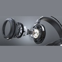 FiiO JT1 — over-ear cerrado con driver dinámico de 50 mm (PEK+PU + lámina de aluminio), imán N52 y bobina CCAW · cable desmontable dual 3,5 mm con mic/1 botón (CTIA) · incluye adaptador 6,3 mm.