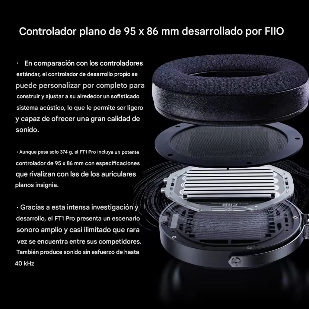 FiiO FT1 Pro — audífono over-ear abierto con driver planar magnético 95×86 mm (diafragma ultrafino 1 µm con doble recubrimiento zafiro + aluminio), 20 Ω, 112 dB/Vrms (95 dB/mW), 7–40 kHz, ≈374 g, cables SPC 3,5 mm y 4,4 mm (según pack) y estuche rígido.