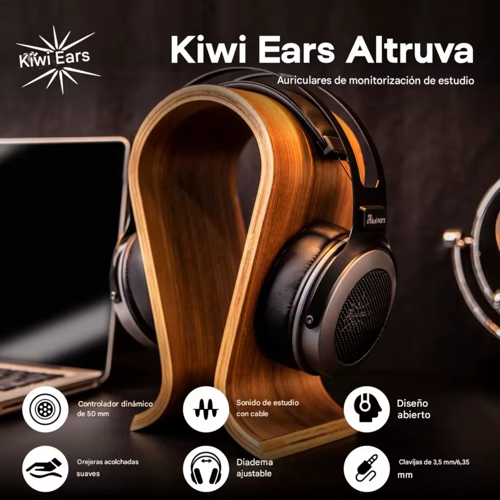 Kiwi Ears Altruva — over-ear abierto con driver dinámico de 50 mm, 32 Ω, 98 dB ±3 dB, 20–40 kHz, cable 3 m con plug 3,5 mm + adaptador 6,35 mm.