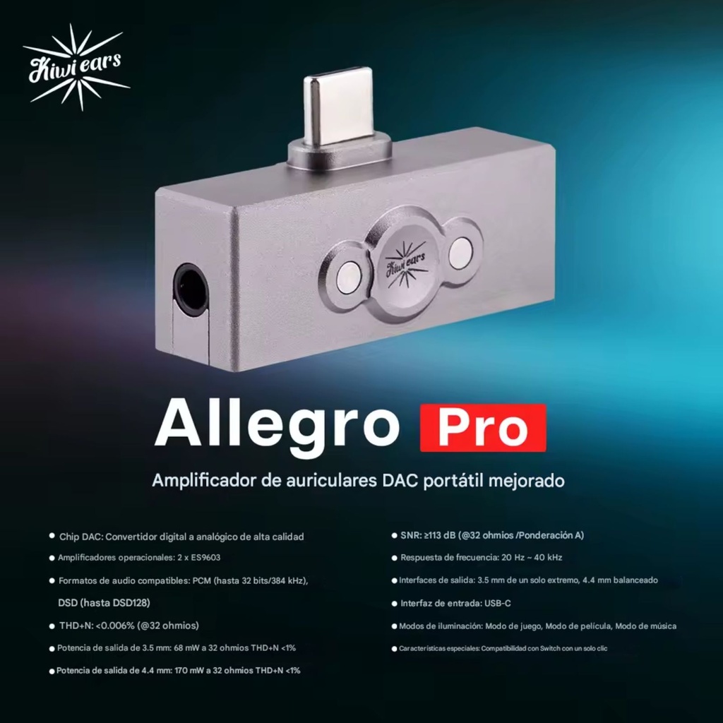 Kiwi Ears Allegro Pro: DAC/AMP Balanceado 4.4mm & 3.5mm | Chip ESS Sabre ES9038Q2M | DSD512 & PCM 32-bit/768kHz | Control de Volumen Físico