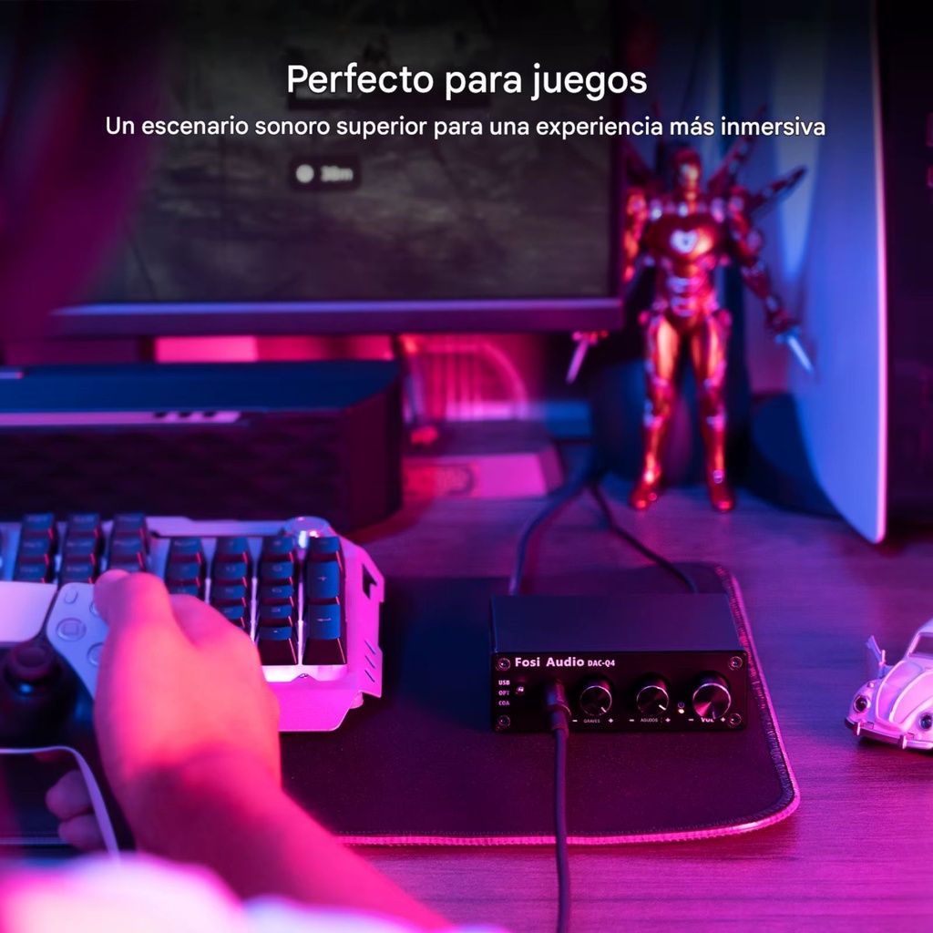 Fosi Audio Q4: Mini DAC/AMP de Escritorio | 24-Bit/192kHz | Controles Físicos Bass/Treble | USB/Óptica/Coaxial | Salida RCA y 3.5mm