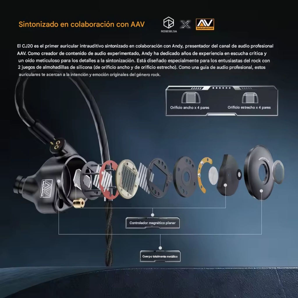 ROSESELSA x AAV CJ20: Audífonos In-Ear Planar Magnéticos | Driver 14.2mm | Tuning para Rock/Metal | Cable Modular 3.5mm/4.4mm