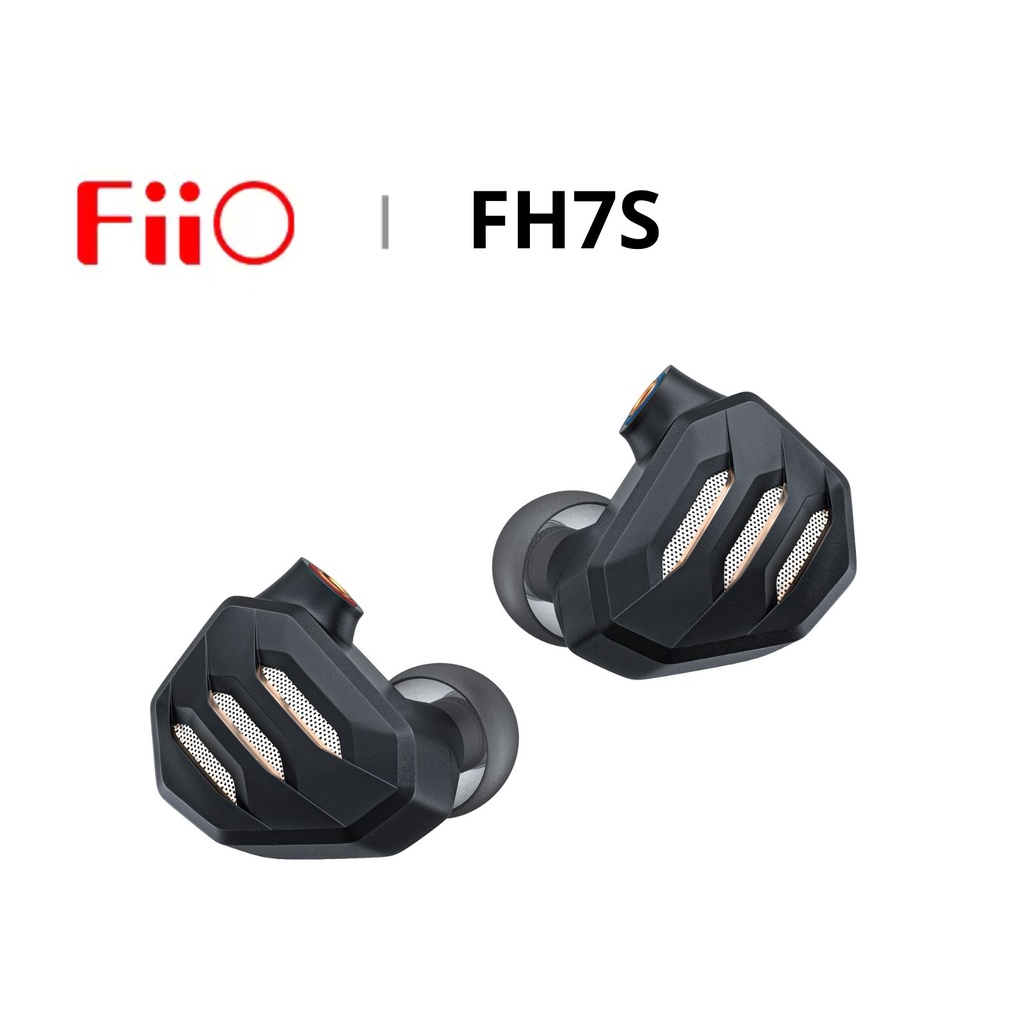FiiO FH7S — IEM híbrido 1 Dynamic (13,6 mm DLC) + 4 Balanced Armature Knowles · diseño semi-abierto 2ª gen · filtro notch anti-sibilancia · S.Turbo para graves · MMCX · cable 8 hebras (152 hilos) SPC con plugs 3,5/4,4 mm y 3 filtros de afinación