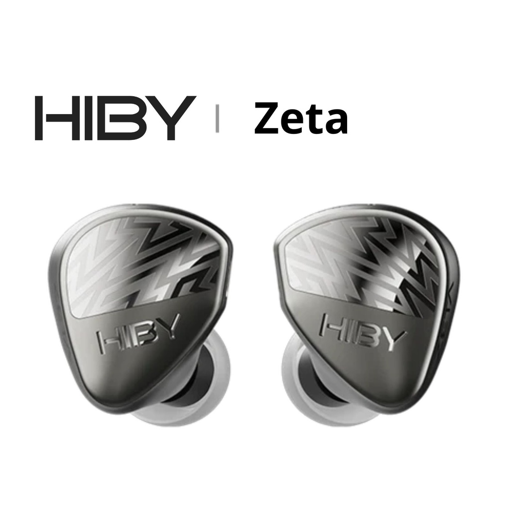 HiBy Zeta — IEM trihíbrido 1DD (10 mm liquid silicone) + 4BA (Knowles/Sonion) + 4 EST Sonion · crossover real de 5 vías + 5 cámaras/tubos acústicos independientes · estructura “Spatial Harmonic Enhancement” · carcasa de titanio CNC · 0,78 mm 2-pin · cable OCC 8 hebras Litz con terminación 4,4 mm balanceada.