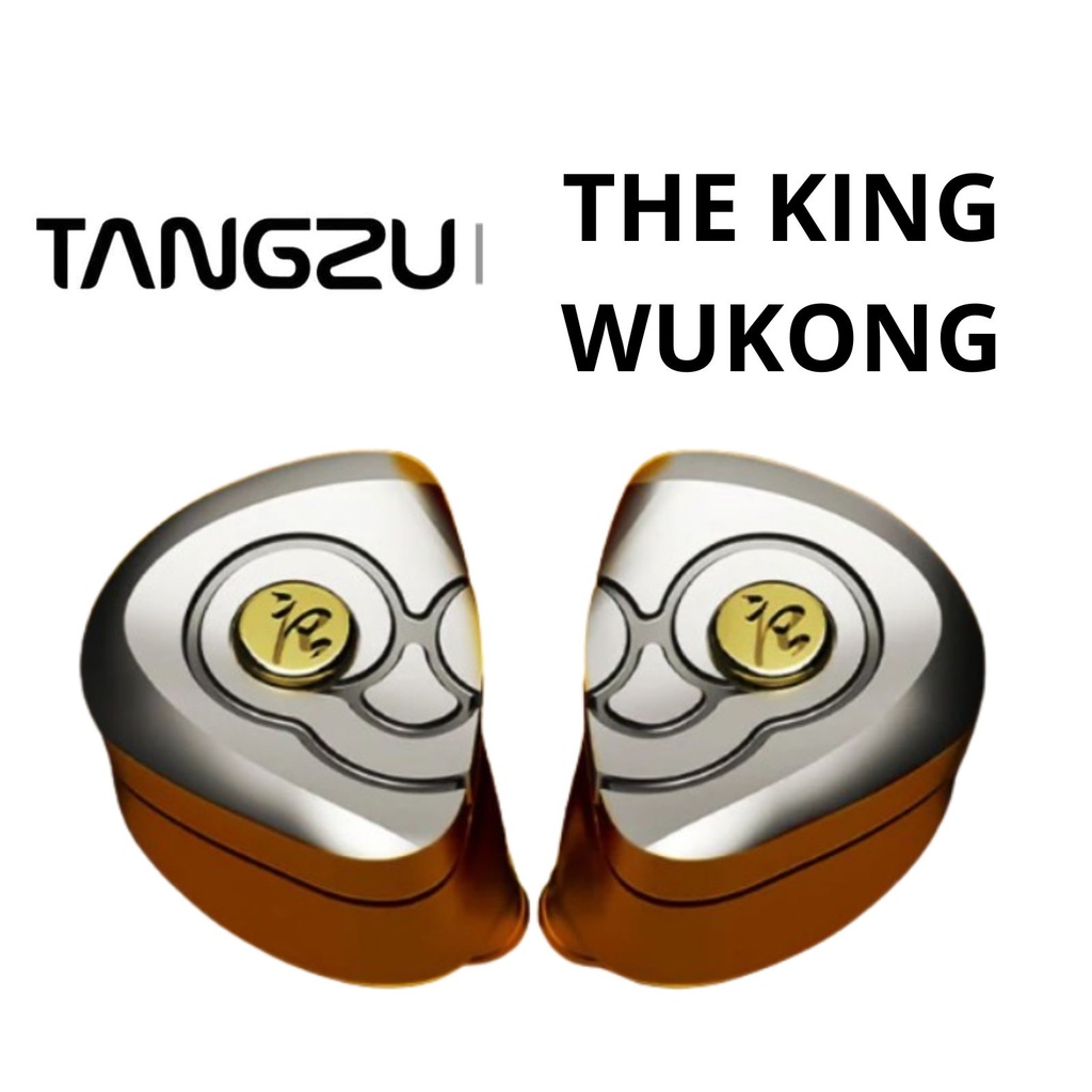 TANGZU THE KING WUKONG — IEM trihíbrido 1 Dynamic + 6 Balanced Armature (Knowles) + 4 EST (Shengyang) · cavidad titanio grado 4 CNC con conductos y resonadores internos · 0,78 mm 2-pin · plug 4,4 mm balanceado · cable Furukawa 148 hilos (plata/cobre + chapados preciosos).