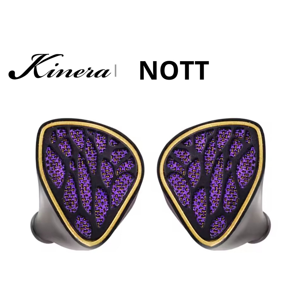 Kinera NOTT (Phantom) — IEM híbrido 1 Dynamic (8 mm, diafragma compuesto) + 4 Balanced Armature (2 × Knowles + 2 × Sonion) · crossover de 3 vías (1+2+2) · cavidad de resina 3D con faceplate multicapa tipo Helmholtz · 0,78 mm 2-pin · cable 6N OCC Litz con plugs modulares 3,5 mm SE / 4,4 mm balanceado.