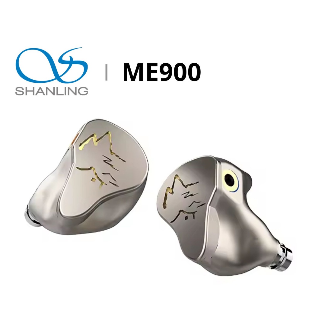 SHANLING ME900 — IEM híbrido 2 Dynamic (6 mm, Crystal-Plated Bio-diaphragm) + 6 Balanced Armature · doble switch (ajuste de graves y agudos) · cuerpo de titanio · MMCX · cable Furukawa 8 hebras con plugs 3,5 / 2,5 / 4,4 mm.