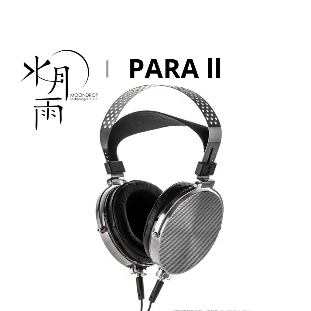 MOONDROP PARA II — over-ear abierto con driver planar magnético de 100 mm (FDT, circuito de plata, TBT) · 9 Ω · 106 dB/Vrms · 20–42 kHz (efectiva 20–20 kHz) · conexión dual 3,5 mm · cable 4,4 mm balanceado + adaptador 3,5 mm.