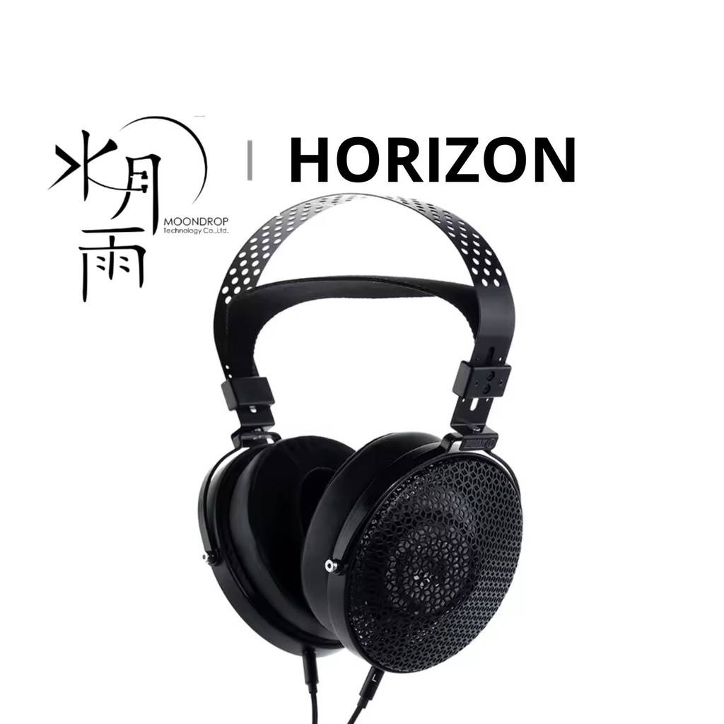 MOONDROP HORIZON — over-ear abierto con driver dinámico 50 mm UHE, 32 Ω, 109 dB/Vrms, 20–34 kHz; conectores dual 3,5 mm en los cascos; cable con puntas 3,5 mm SE y 4,4 mm balanceada.