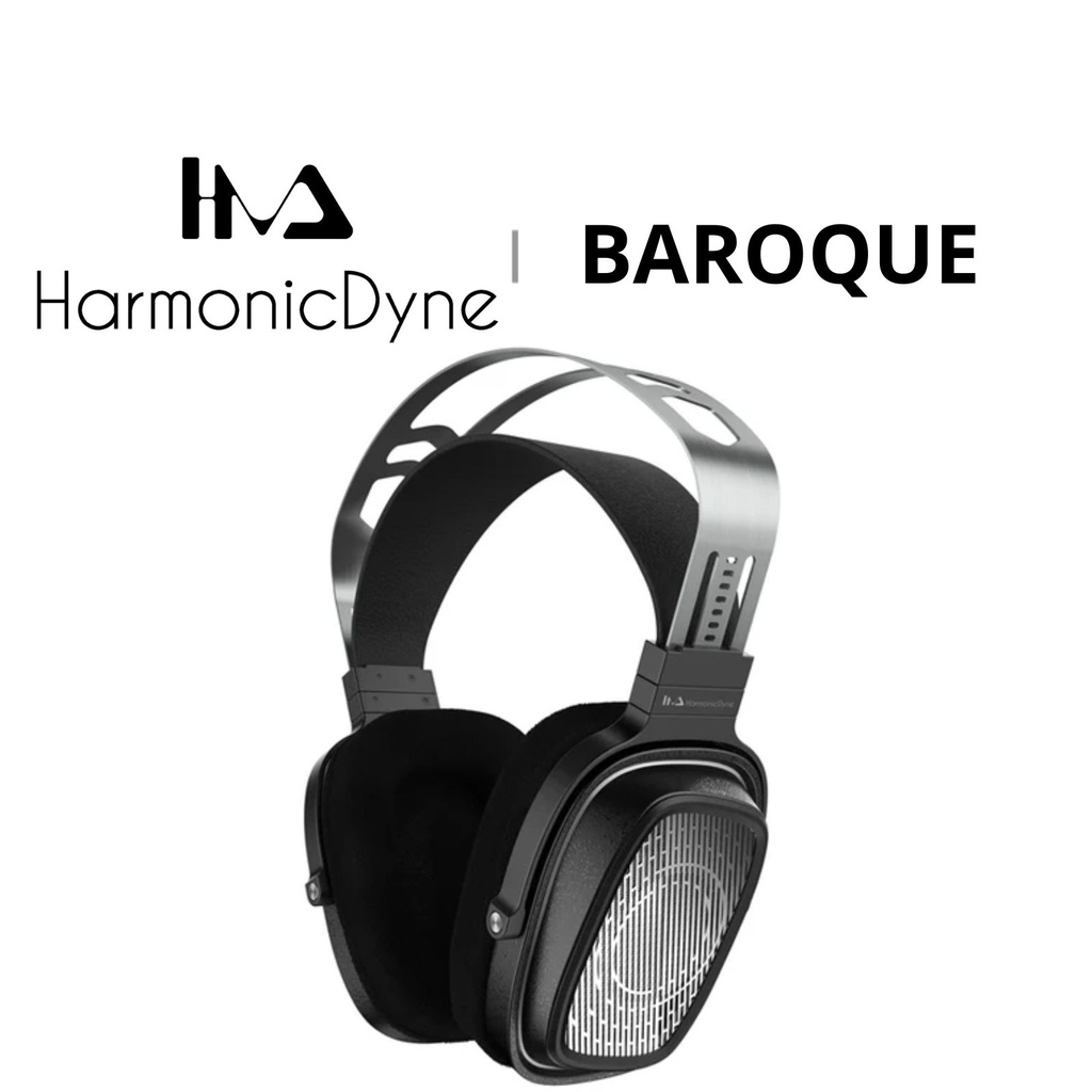 HarmonicDyne BAROQUE — over-ear abierto con driver dinámico 60 mm (diafragma cerámico-metálico) · 64 Ω · 109 dB/Vrms · 10–50 kHz · THD ≤0,2% · cables 3,5 mm SE y 4,4 mm BAL · cámaras CNC en aleación grado aeroespacial.