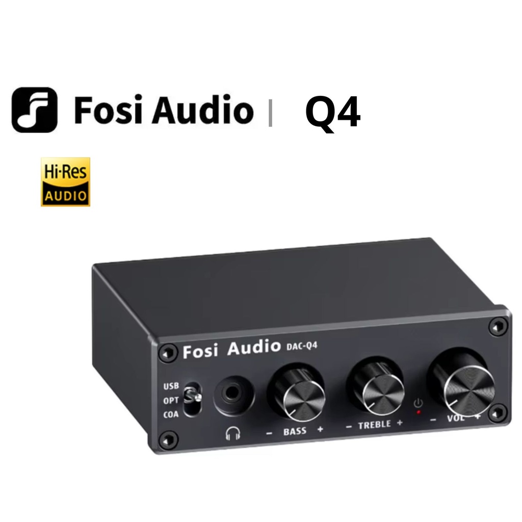Fosi Audio Q4: Mini DAC/AMP de Escritorio | 24-Bit/192kHz | Controles Físicos Bass/Treble | USB/Óptica/Coaxial | Salida RCA y 3.5mm
