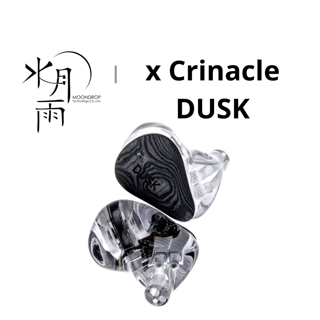 MOONDROP x Crinacle DUSK — IEM trihíbrido 2 Dynamic + 2 Balanced Armature + 2 Planar (crossover 3 vías) · H.O.D.D.D.U.S. (módulo dual dinámico opuesto) · cavidad resina médica 3D · 0,78 mm 2-pin · dos cables: 3,5 mm analógico y USB-C con DSP (MOONDROP Link).