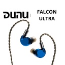 DUNU Falcon Ultra — IEM dinámico single-driver 10,7 mm (2ª gen ECLIPSƎ) con cúpula de aleación Li-Mg + suspensión independiente · MMCX patentado · cable DUW02 Pro con Q-Lock Lite (plugs 3,5 mm y 4,4 mm incluidos) · 2 boquillas de afinación (azul/acero y dorada/latón).